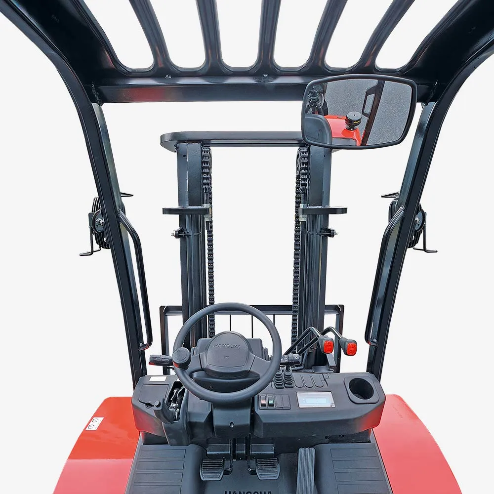 The image shows the driver's seat and controls of a red forklift, viewed from above.