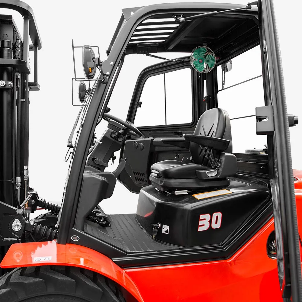 Red forklift cabin with a black seat and steering wheel, featuring the number 30 on the side.