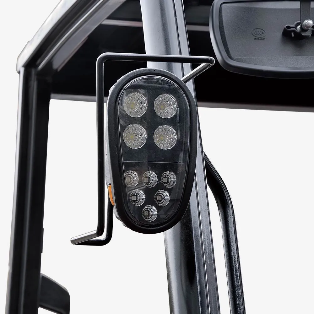 Close-up of a vehicle's side mirror with attached round LED lights.